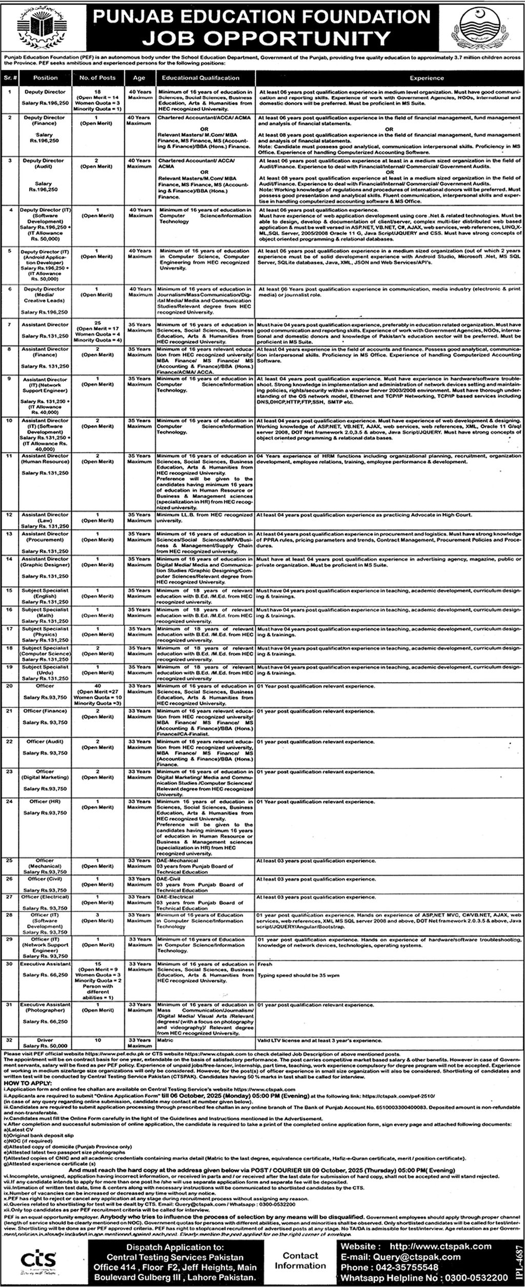 PEF Jobs Advertisement 2025 by CTS 